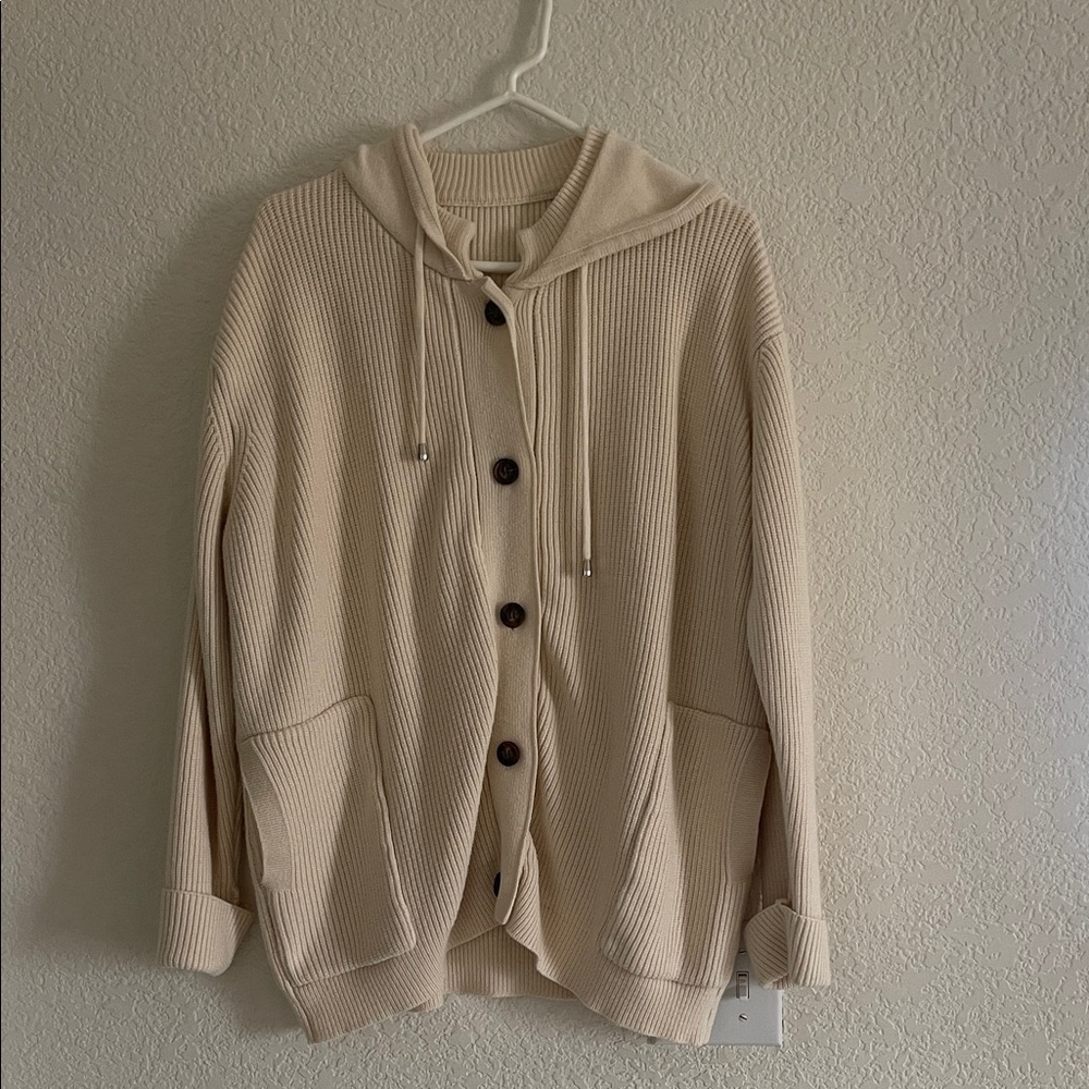 Cream Oversized Hooded Cardigan with Button Front